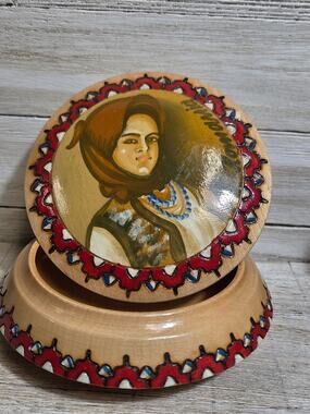 Vintage Romania Wood Trinket Box Hand Painted Folk Art Woman Traditional Dress?